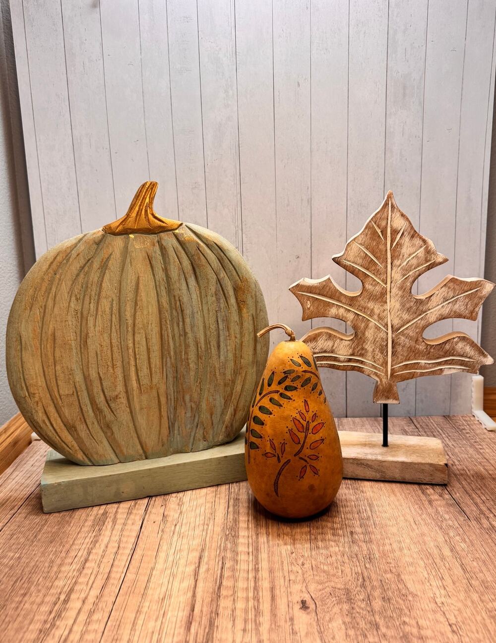 Fall Decor Set of 3 Handcrafted Gourd Art Wood Pumpkin Wood Maple Lead
